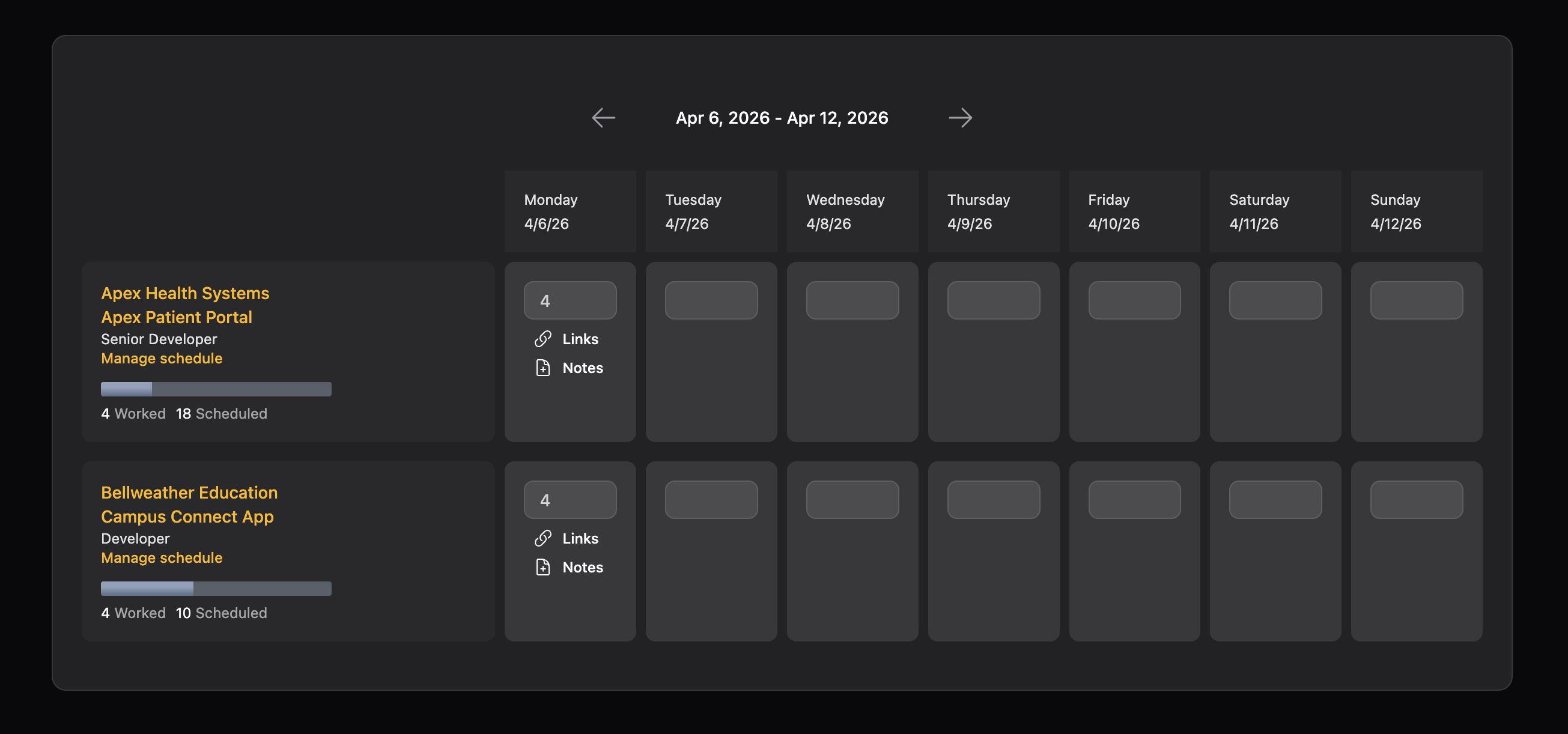Tidy's timesheet view showing a worker's weekly assignments with scheduled hours, worked hours, and engagement context side by side